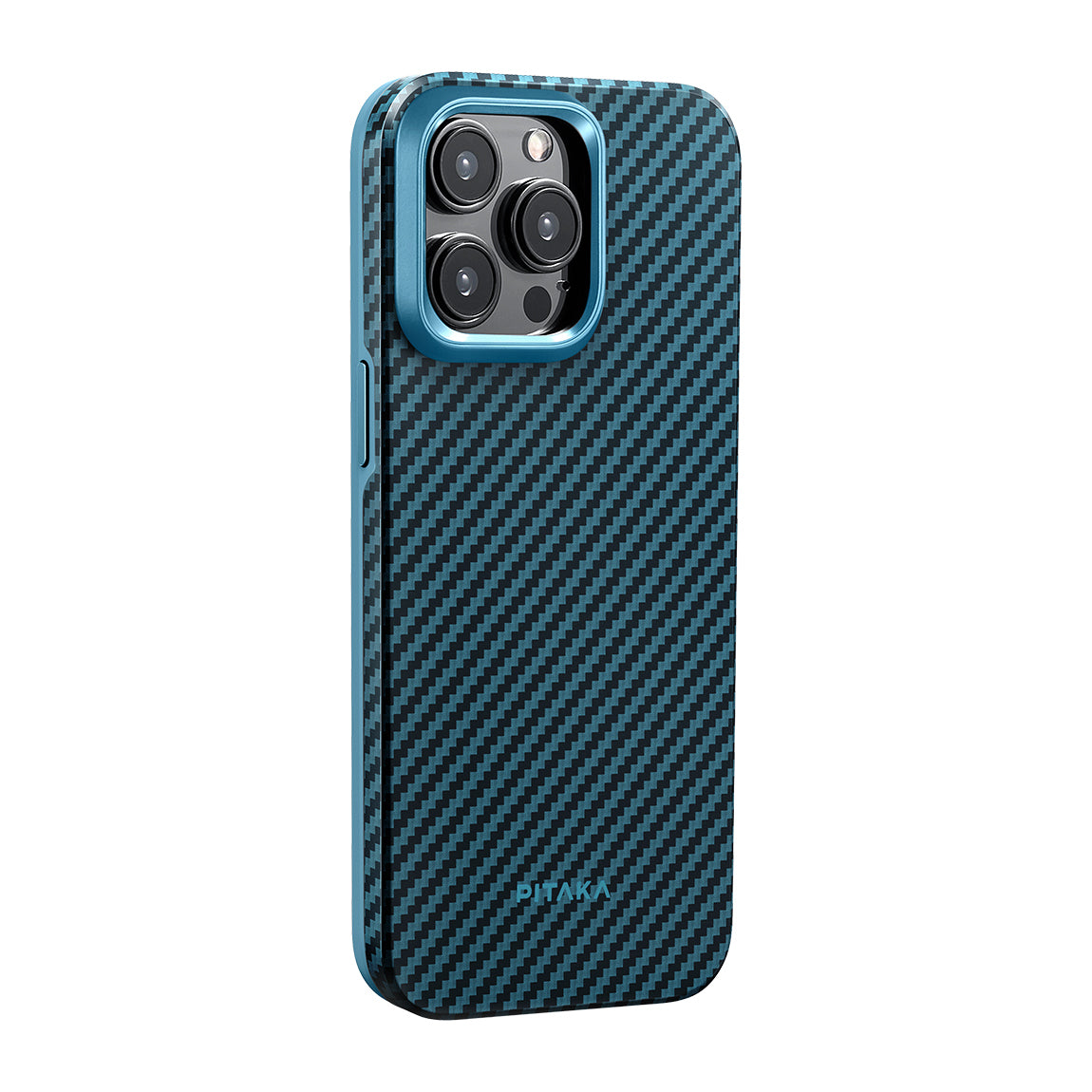iPhone 15 Pro Max Kılıf Magsafe Şarj Özellikli 1500D Aramid Fiber Pitaka Military-Grade Classic Serisi Black-Grey Twill Kılıf Siyah-Mavi