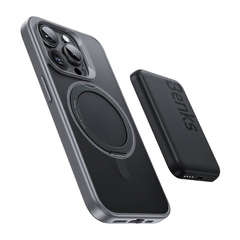 iPhone 15 Pro Max Kılıf Magsafe Şarj Özellikli 360° Dönebilen Benks Pop Stand Kılıf Siyah