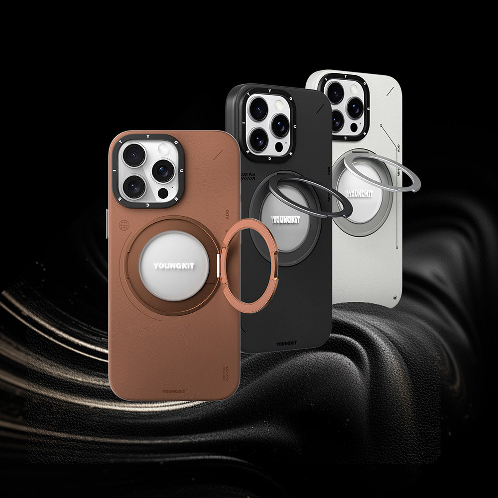 iPhone 15 Pro Max Kılıf Magsafe Şarj Özellikli 360° Standlı Basit Mat Deri Desenli Youngkit Tech Leather Serisi Kılıf Gri