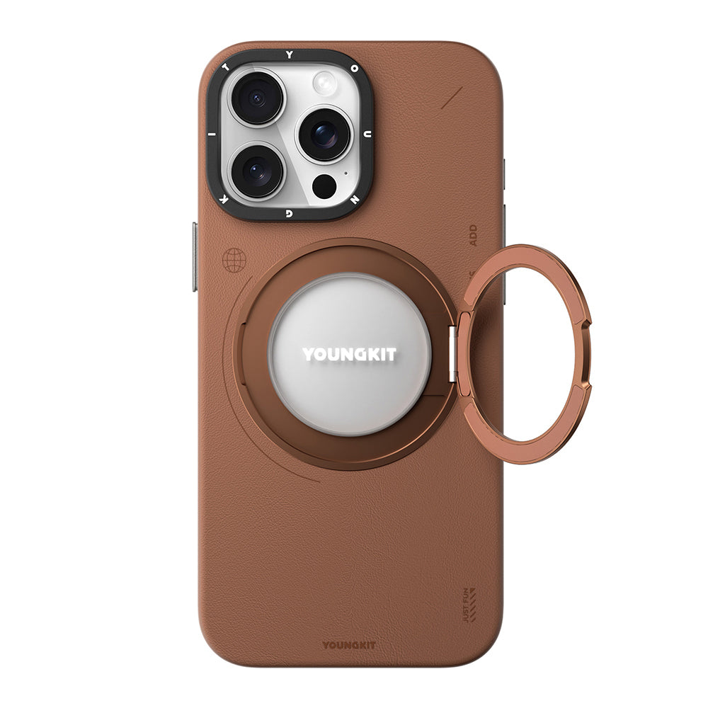 iPhone 15 Pro Max Kılıf Magsafe Şarj Özellikli 360° Standlı Basit Mat Deri Desenli Youngkit Tech Leather Serisi Kılıf Kahverengi