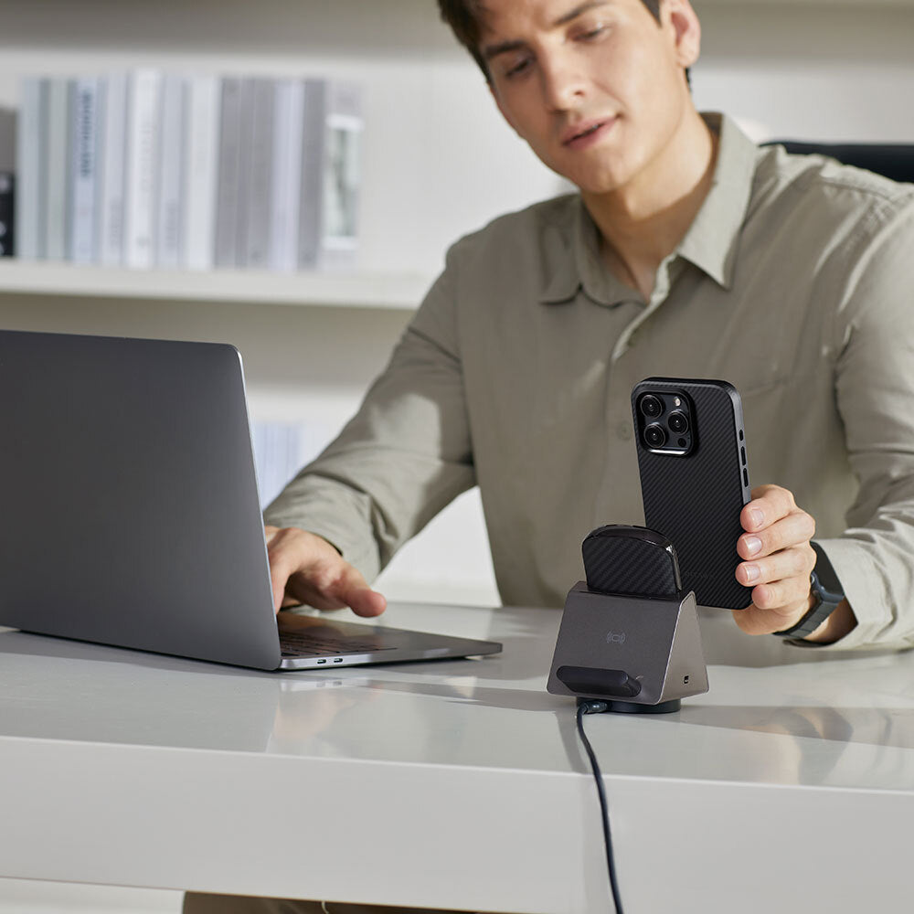 iPhone 15 Pro Max Kılıf Magsafe Şarj Özellikli 600D Aramid Fiber Pitaka Military-Grade Classic Serisi Black-Grey Twill Kılıf Siyah-Gri