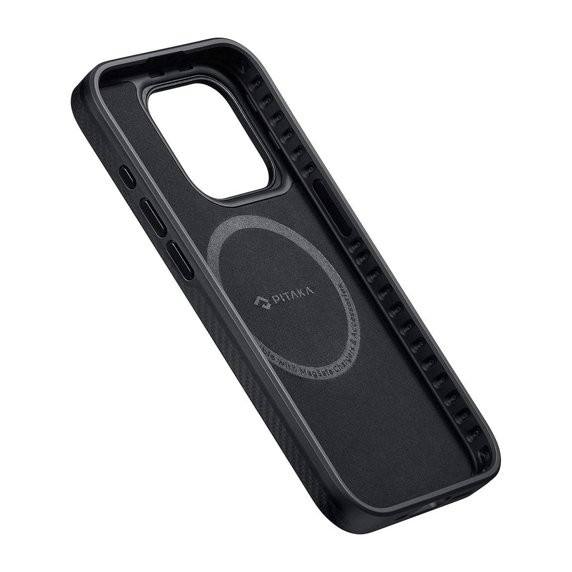 iPhone 15 Pro Max Kılıf Magsafe Şarj Özellikli 600D Aramid Fiber Pitaka Military-Grade Classic Serisi Black-Grey Twill Kılıf Siyah-Gri