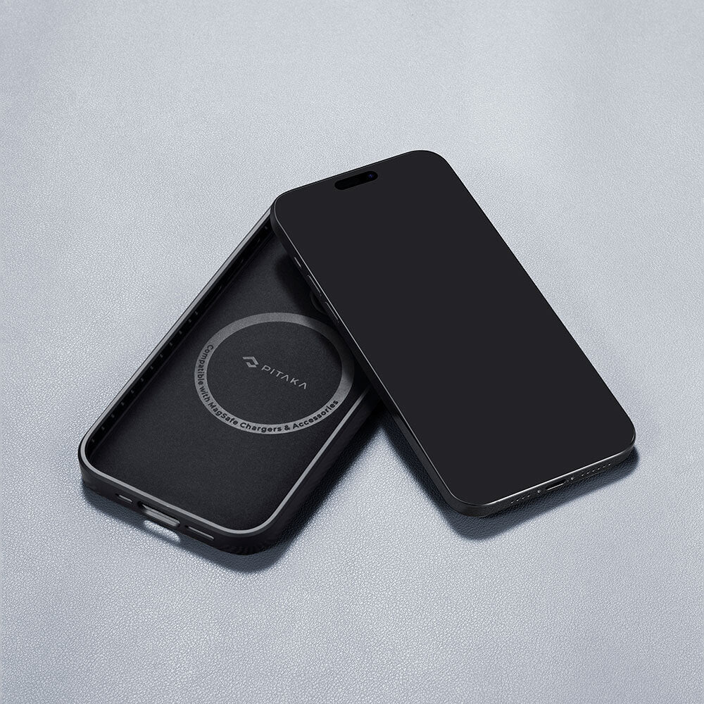 iPhone 15 Pro Max Kılıf Magsafe Şarj Özellikli 600D Aramid Fiber Pitaka Military-Grade Classic Serisi Black-Grey Twill Kılıf Siyah-Gri