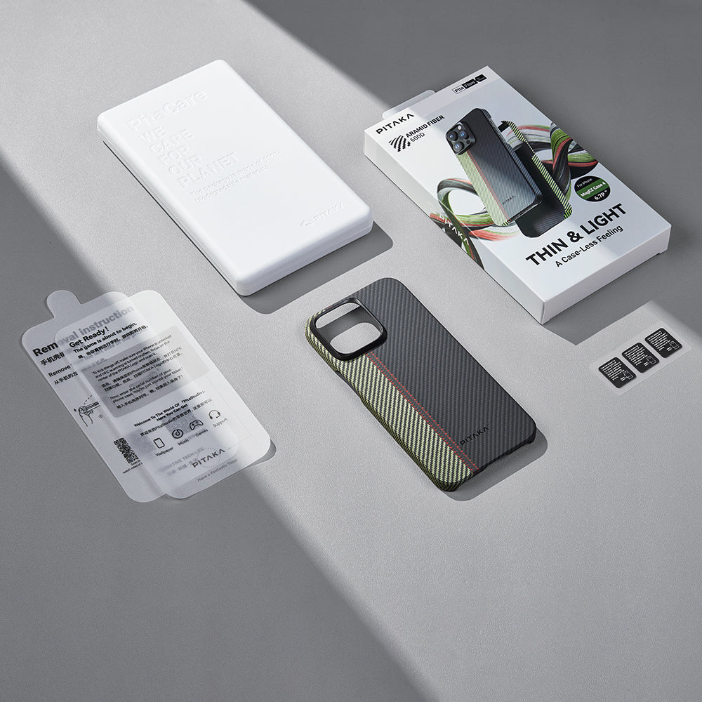 iPhone 15 Pro Max Kılıf Magsafe Şarj Özellikli 600D Aramid Fiber Pitaka Tactile Woven Orchestra Serisi Overture Kılıf Siyah-Yeşil