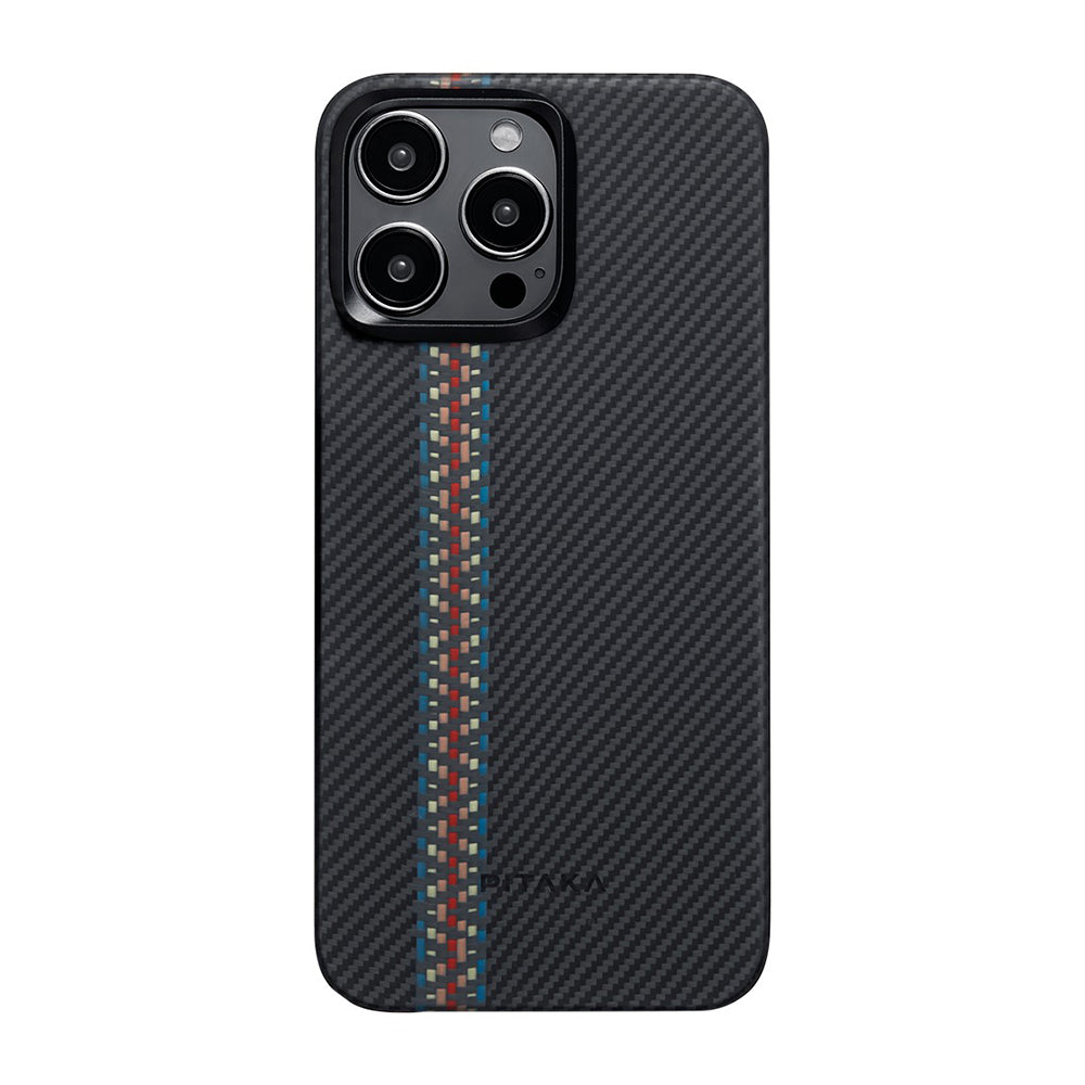 iPhone 15 Pro Max Kılıf Magsafe Şarj Özellikli 600D Aramid Fiber Pitaka Tactile Woven Orchestra Serisi Rhapsody Kılıf Siyah