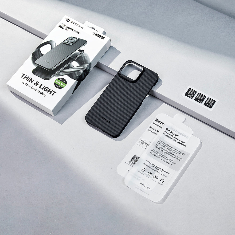 iPhone 15 Pro Max Kılıf Magsafe Şarj Özellikli 600D Aramid Fiber Pitaka Ultra-Slim Classic Serisi Black-Grey Twill Kılıf Siyah-Gri