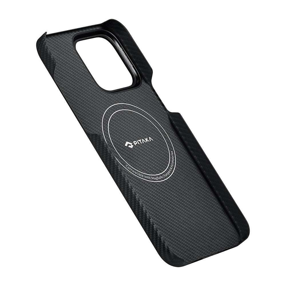 iPhone 15 Pro Max Kılıf Magsafe Şarj Özellikli 600D Aramid Fiber Pitaka Ultra-Slim Classic Serisi Black-Grey Twill Kılıf Siyah-Gri