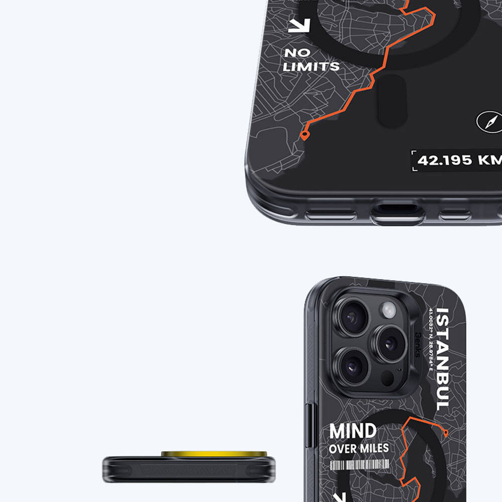 iPhone 15 Pro Max Kılıf Magsafe Şarj Özellikli Benks City Serisi Kılıf Siyah-Turuncu
