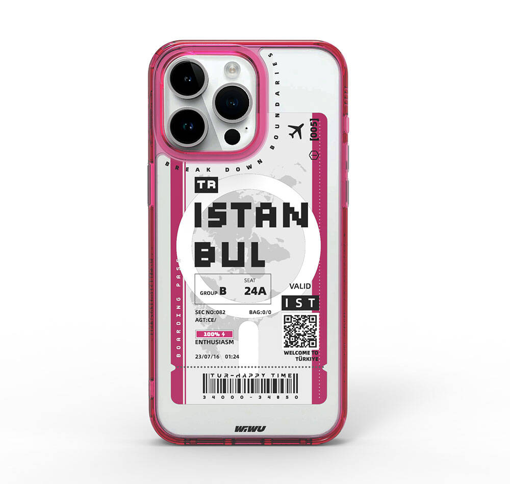 iPhone 15 Pro Max Kılıf Magsafe Şarj Özellikli Bilet Desenli Wiwu Turkey B Serisi Kılıf Pembe