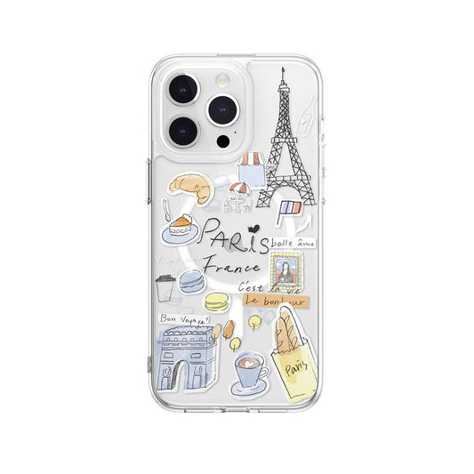 Apple iPhone 15 Pro Max Kılıf M-safe Şarj Özellikli Çizim Desenli Şok Önleyicili Şeffaf Lisanslı Switcheasy City-M Paris Kapak