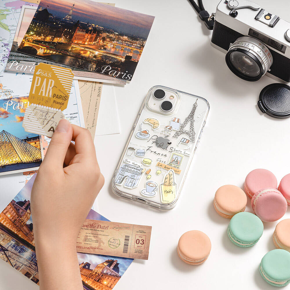 iPhone 15 Pro Max Kılıf Magsafe Şarj Özellikli Çizim Desenli Şok Önleyicili Şeffaf Lisanslı Switcheasy City-M Paris Kılıf Renksiz