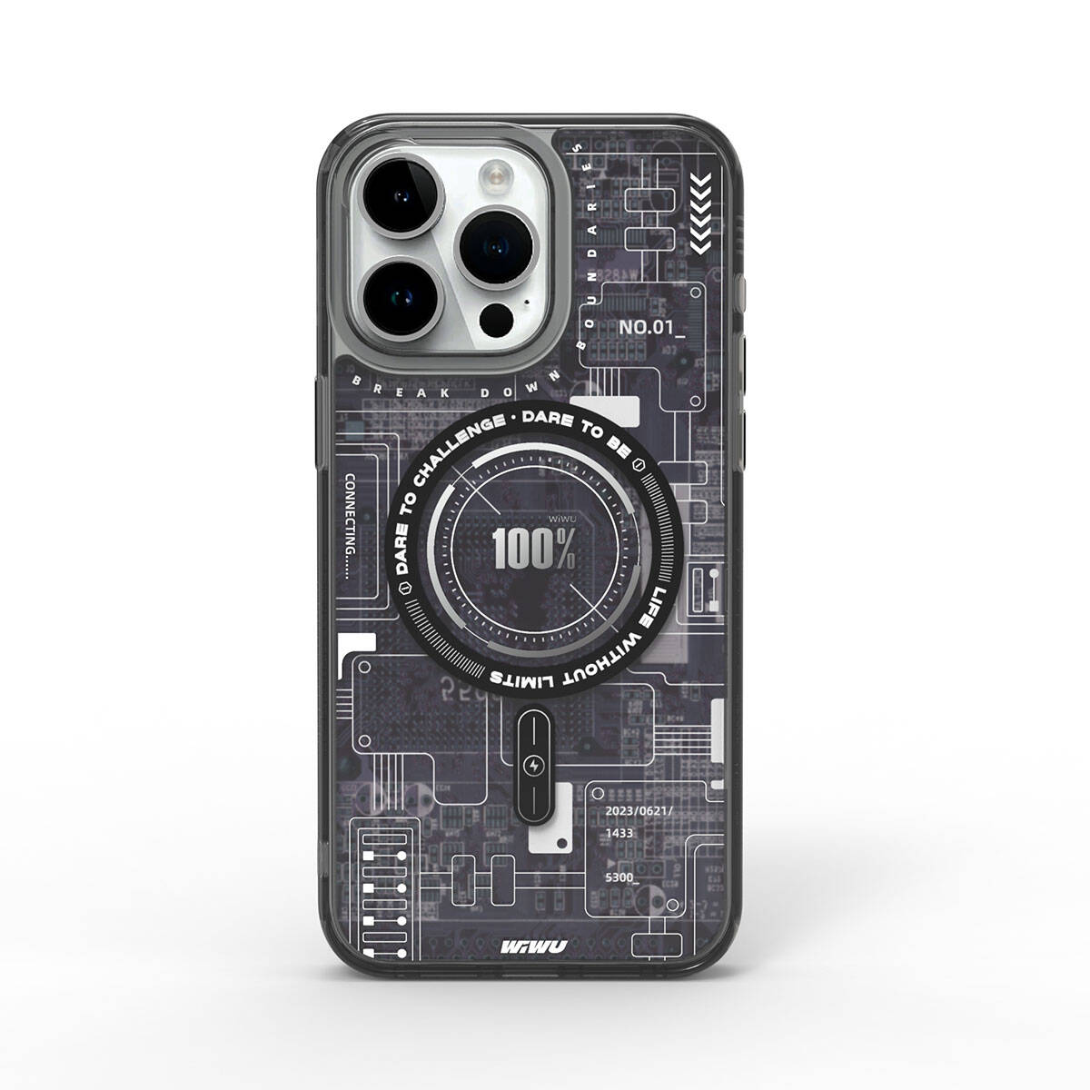 iPhone 15 Pro Max Kılıf Magsafe Şarj Özellikli Desenli Wiwu Mecha Circuit H Serisi Kılıf Siyah