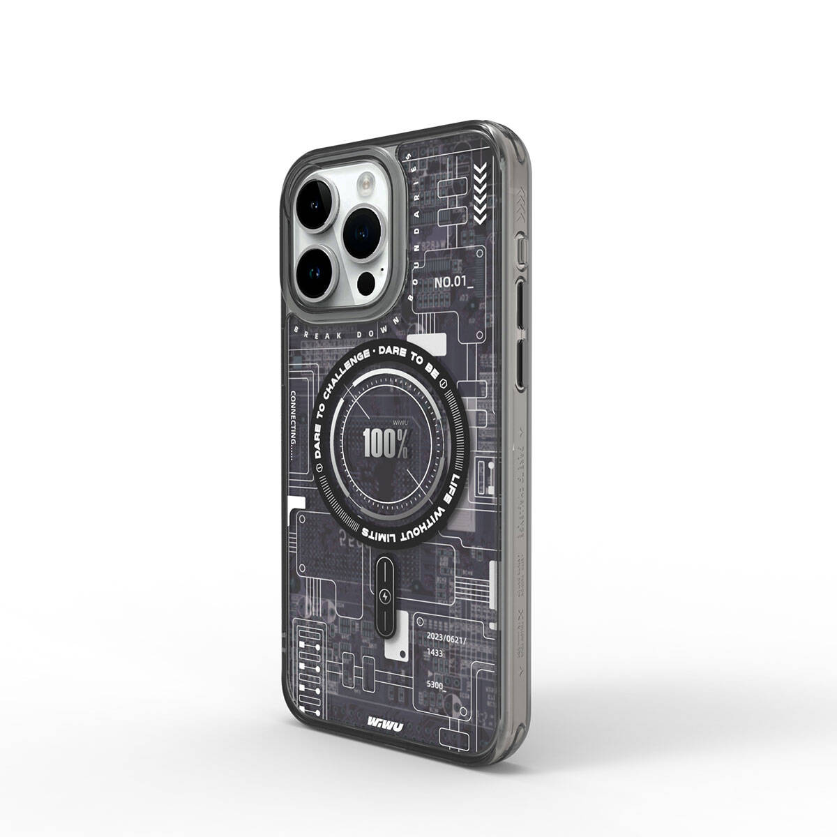iPhone 15 Pro Max Kılıf Magsafe Şarj Özellikli Desenli Wiwu Mecha Circuit H Serisi Kılıf Siyah