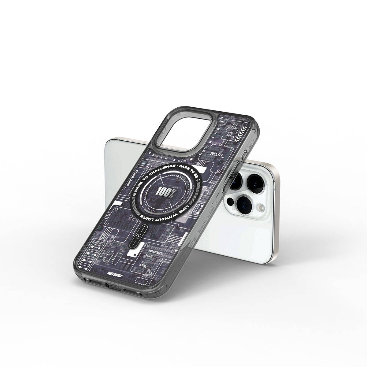 iPhone 15 Pro Max Kılıf Magsafe Şarj Özellikli Desenli Wiwu Mecha Circuit H Serisi Kılıf Gri