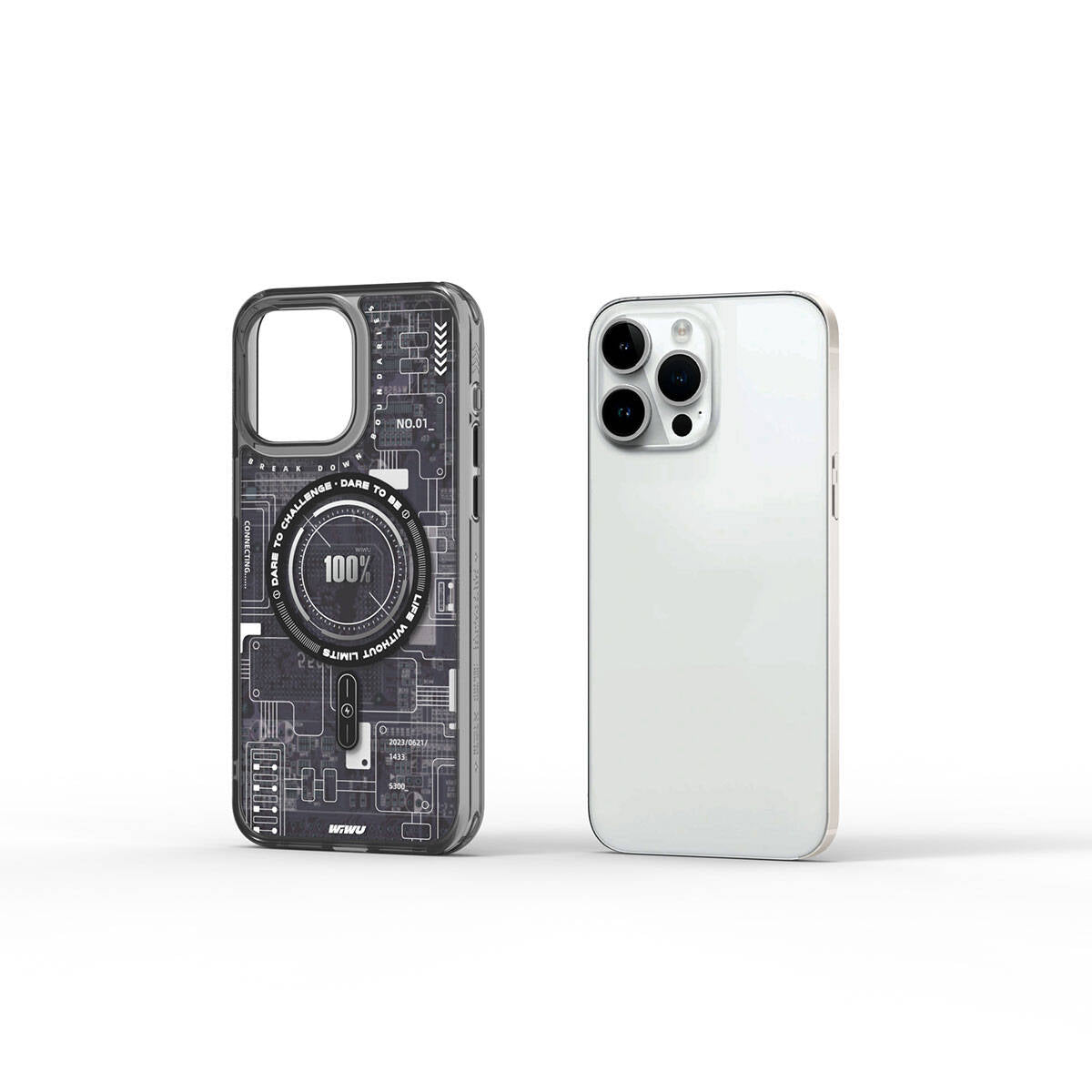 iPhone 15 Pro Max Kılıf Magsafe Şarj Özellikli Desenli Wiwu Mecha Circuit H Serisi Kılıf Gri