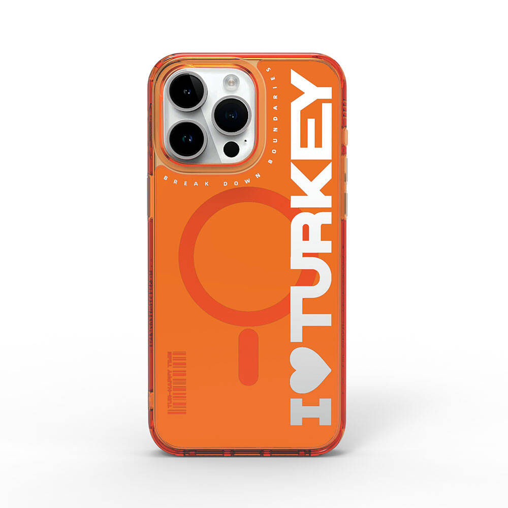 iPhone 15 Pro Max Kılıf Magsafe Şarj Özellikli I Love Turkey Yazı Desenli Wiwu Turkey E Serisi Kılıf Turuncu