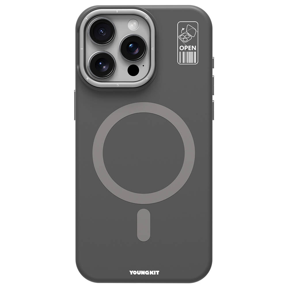 iPhone 15 Pro Max Kılıf Magsafe Şarj Özellikli Kamera Standlı Youngkit Bitty Cream Kılıf Gri