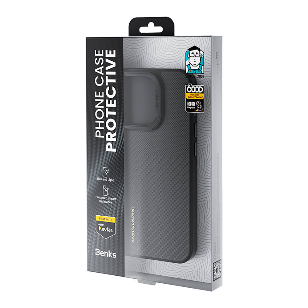 iPhone 15 Pro Max Kılıf Magsafe Şarj Özellikli Karbon Fiber Benks Montage Hybrid ArmorPro Kevlar Kılıf Siyah