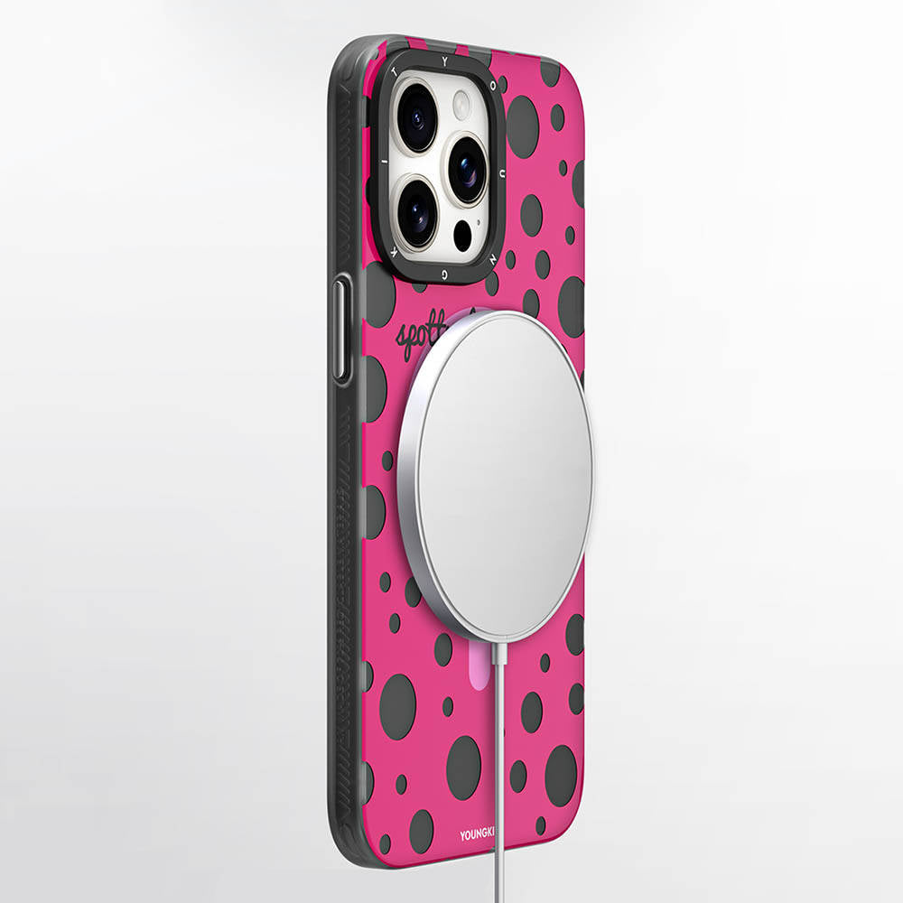 iPhone 15 Pro Max Kılıf Magsafe Şarj Özellikli Polka Dot Desenli Youngkit Spots Serisi Kılıf Pembe