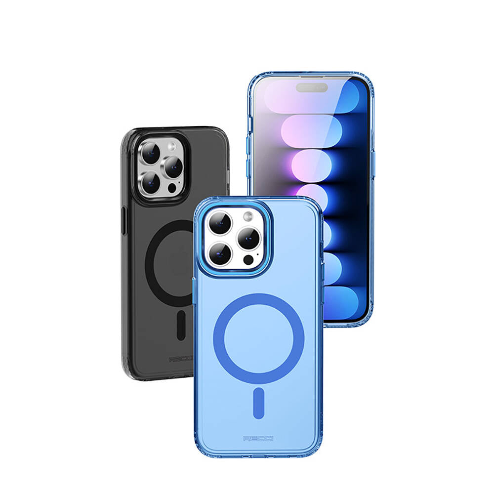 iPhone 15 Pro Max Kılıf Magsafe Şarj Özellikli Saydam Arka Yüzey Recci Crystal Color Serisi Kılıf Mavi