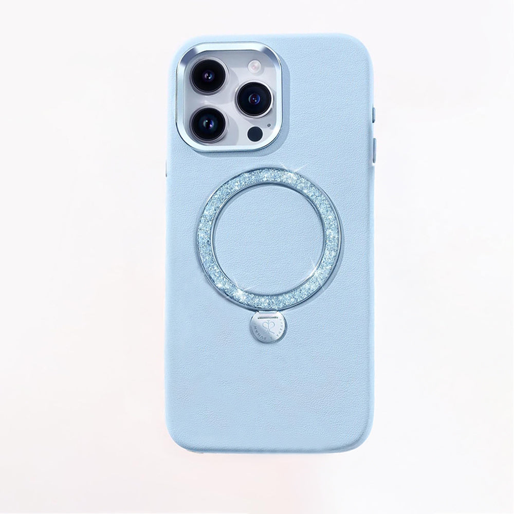 Apple iPhone 15 Pro Max Kılıf M-safe Şarj Özellikli Standlı Suni Deri Tasarımlı Pynana Dancing Circle Serisi Kapak Mavi