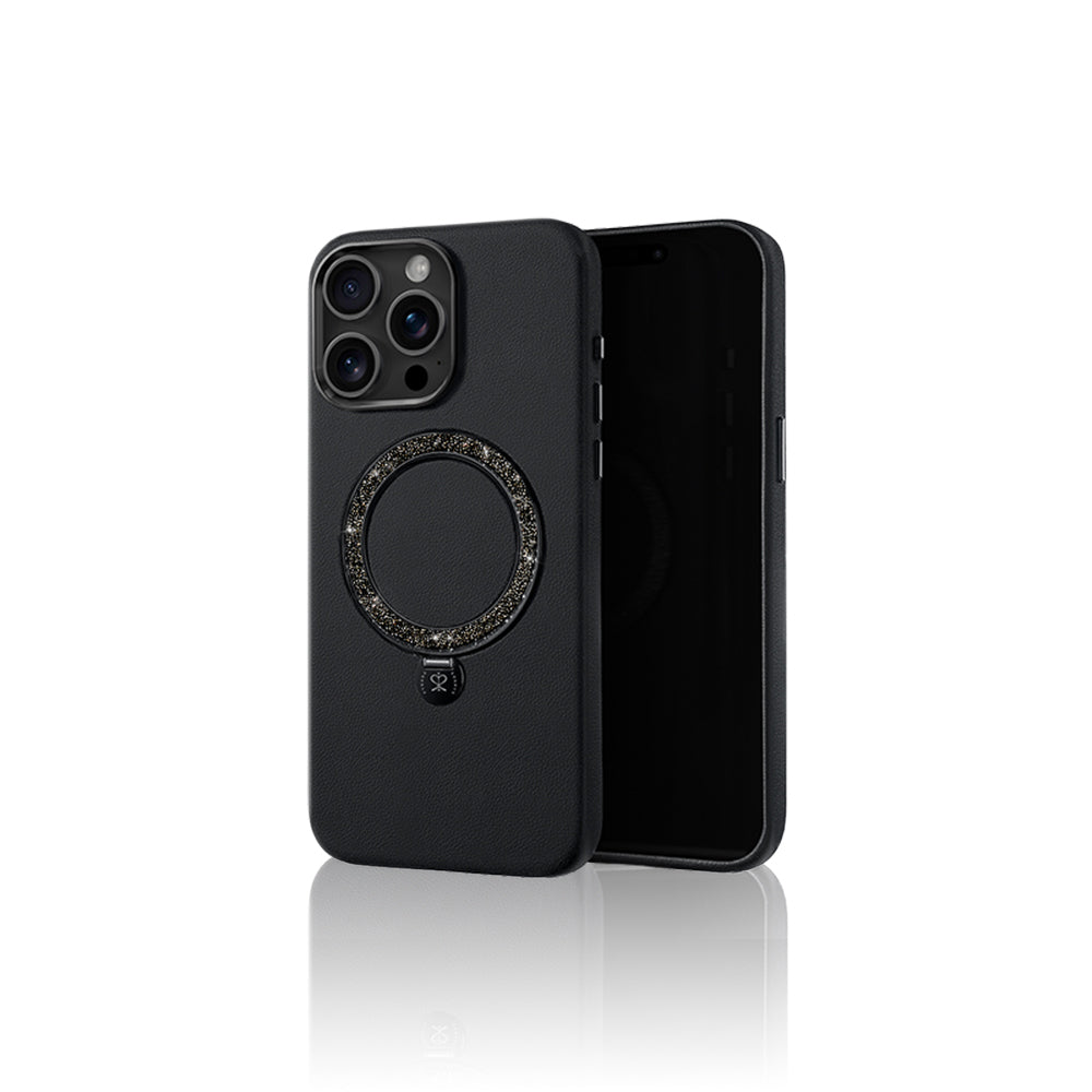 Apple iPhone 15 Pro Max Kılıf M-safe Şarj Özellikli Standlı Suni Deri Tasarımlı Pynana Dancing Circle Serisi Kapak Mavi