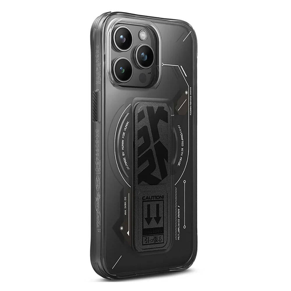 iPhone 15 Pro Max Kılıf Magsafe Şarj Özellikli Teknoloji Desenli Standlı Skinarma Helio Kılıf Siyah