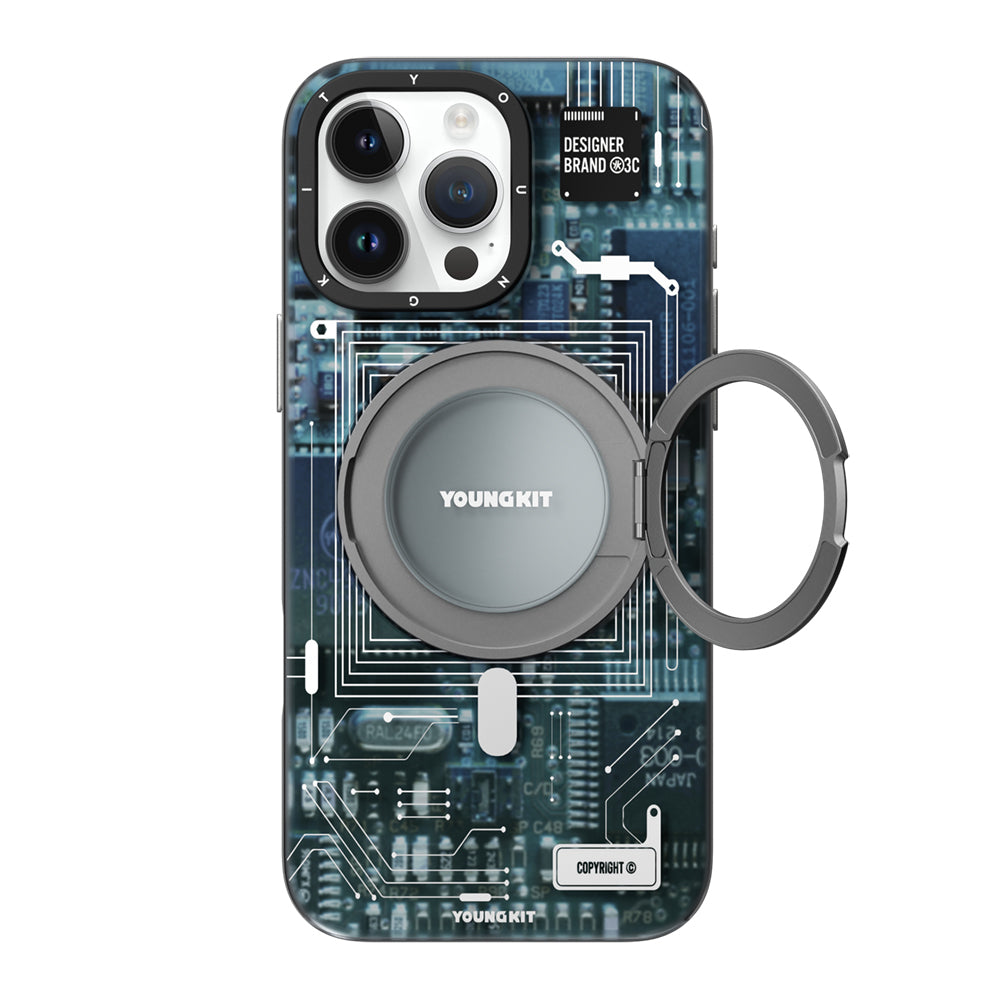 iPhone 15 Pro Max Kılıf Magsafe Şarj Özellikli Youngkit 360° Standlı Technology Serisi Kılıf Mavi