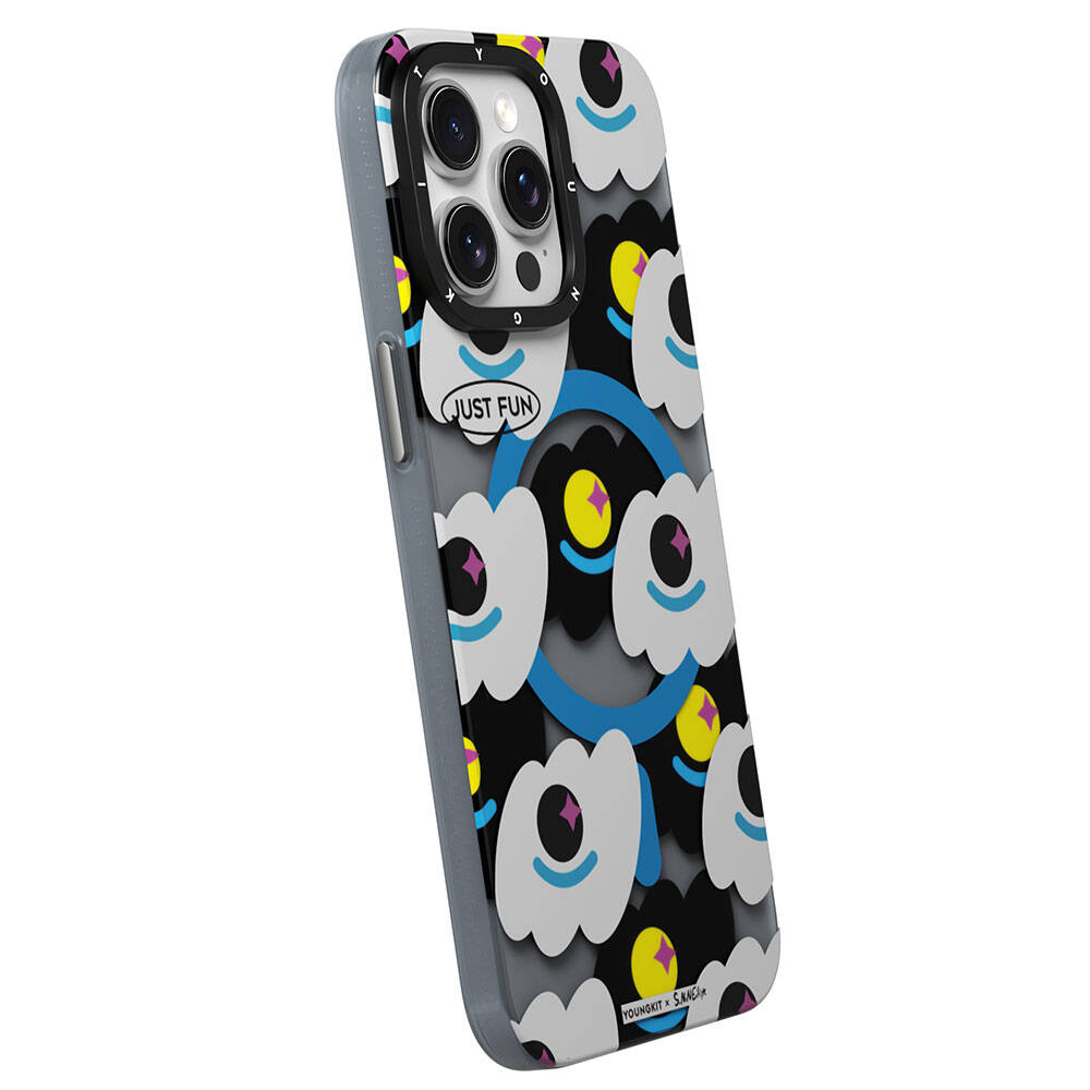 iPhone 15 Pro Max Kılıf Magsafe Şarj Özellikli Youngkit Happy View Serisi Kılıf Mavi