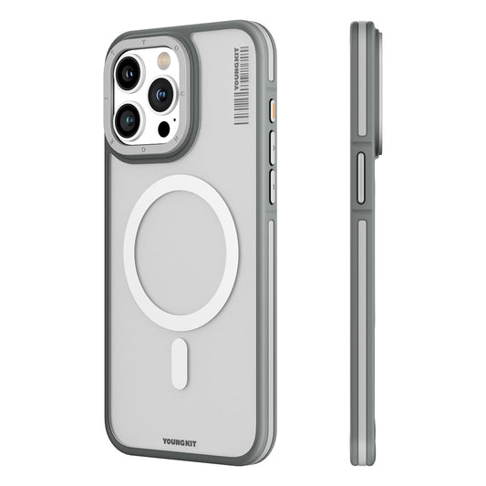 iPhone 15 Pro Max Kılıf Magsafe Şarj Özellikli Youngkit Rock Sand Serisi Kılıf Gri