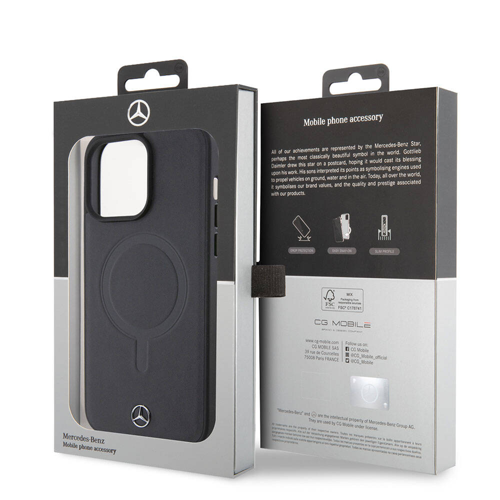 iPhone 15 Pro Max Kılıf Mercedes Benz Orjinal Lisanslı Magsafe Şarj Özellikli Metal Yıldız Logolu Pürüzsüz Deri Kılıf Lacivert