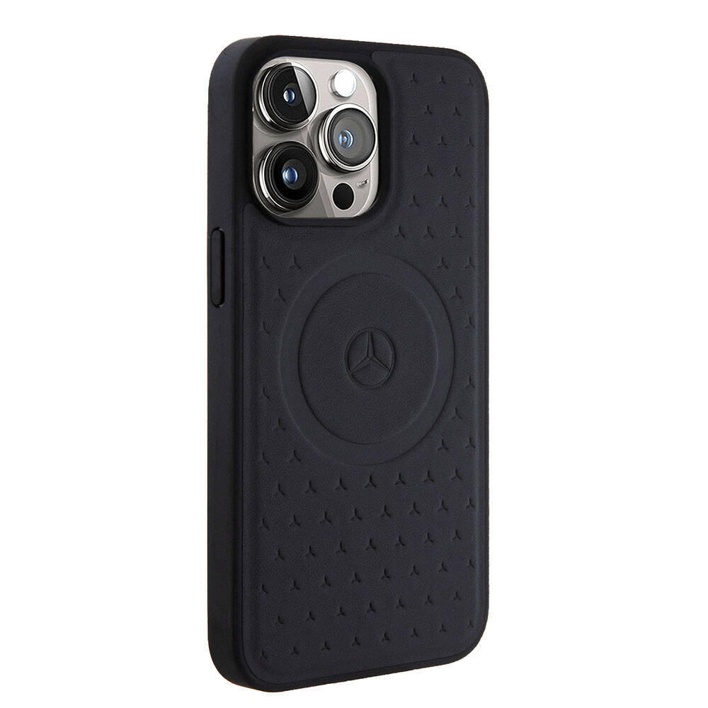 iPhone 15 Pro Max Kılıf Mercedes Benz Orjinal Lisanslı Magsafe Şarj Özellikli Mühürlü Yıldız Desenli ve Logolu Deri Kılıf Lacivert