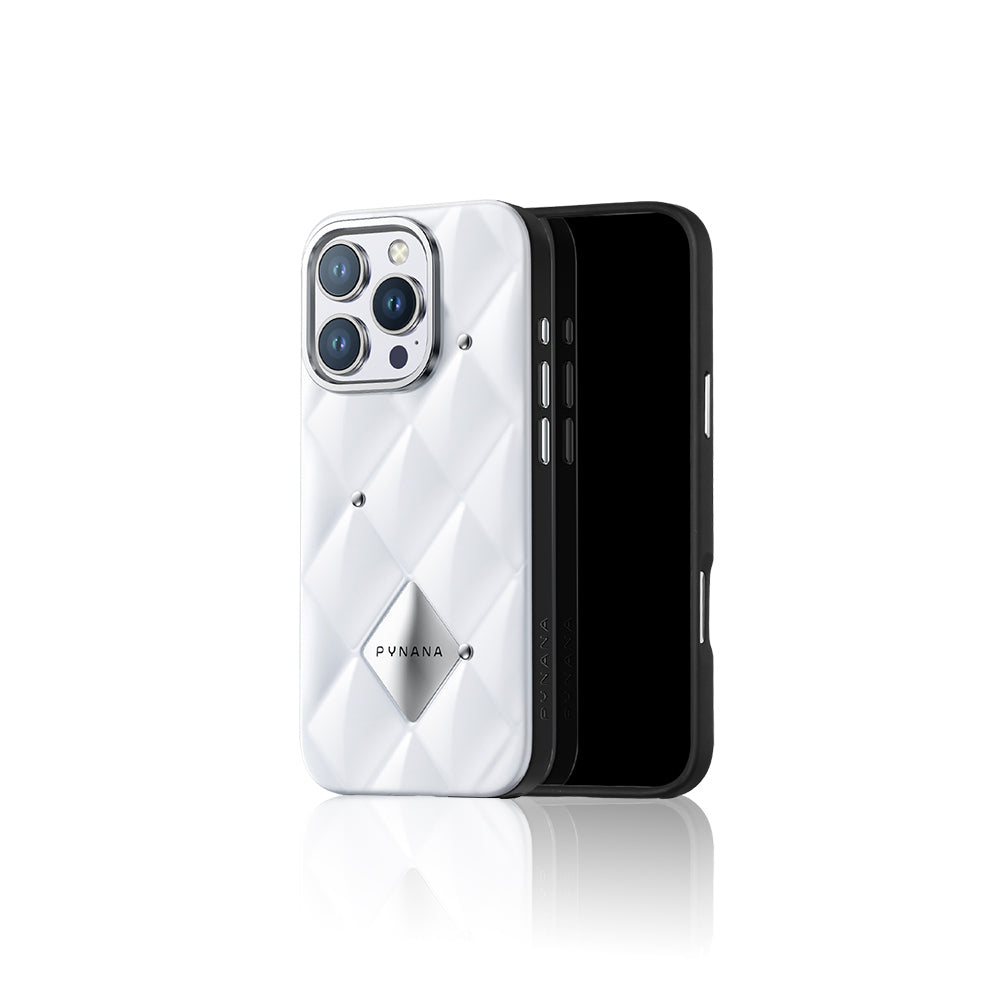 Apple iPhone 15 Pro Max Kılıf Parlak Arka Yüzeyli Kabartma Tasarımlı Kapitone Pynana Metal Diamond Serisi Kapak Beyaz