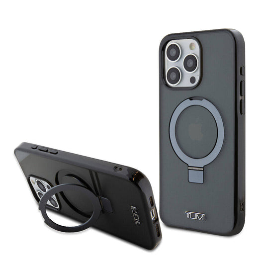 iPhone 15 Pro Max Kılıf TUMI Orjinal Lisanslı Magsafe Şarj Özellikli PC TPU Metal Logolu Ring Standlı Kılıf Siyah