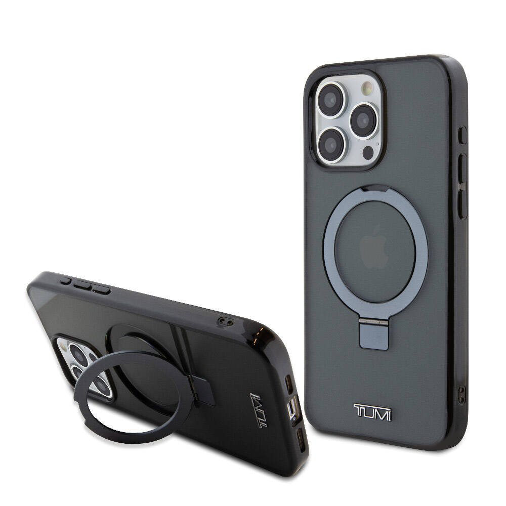 iPhone 15 Pro Max Kılıf TUMI Orjinal Lisanslı Magsafe Şarj Özellikli PC TPU Metal Logolu Ring Standlı Kılıf Siyah