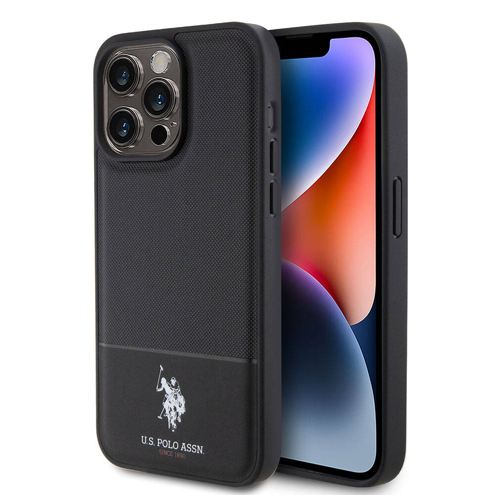 iPhone 15 Pro Max Kılıf U.S. Polo Assn. Orjinal Lisanslı Suni Deri Arka Yüzey Baskı Logolu Örgü Desenli Kılıf Siyah