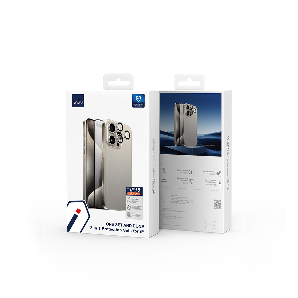 iPhone 15 Pro Max Wiwu Wi-IP002 2in1 Temperli Cam Ahize Toz Önleyici Ekran Koruyucu ve Kamera Lens Koruyucu Set Siyah