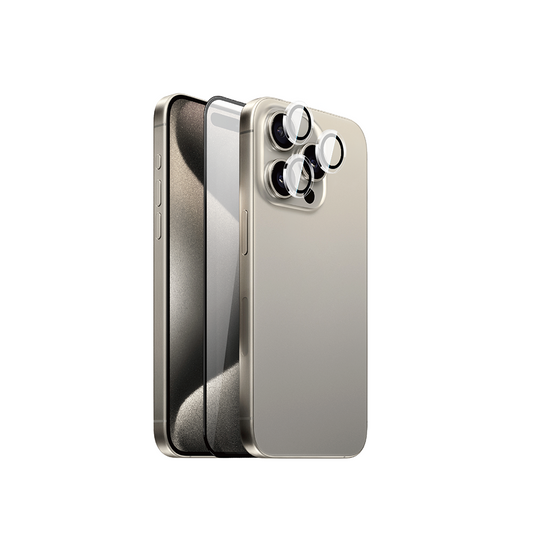 iPhone 15 Pro Max Wiwu Wi-IP002 2in1 Temperli Cam Ahize Toz Önleyici Ekran Koruyucu ve Kamera Lens Koruyucu Set Siyah