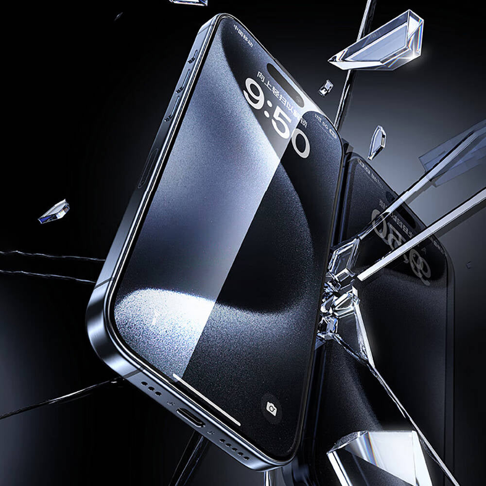 iPhone 15 Pro Wiwu SQ-008 Oleofobik Easy Install Darbeye Karşı Dayanıklı Temperli Cam Ekran Koruyucu + Kolay Uygulama Aparatlı Siyah