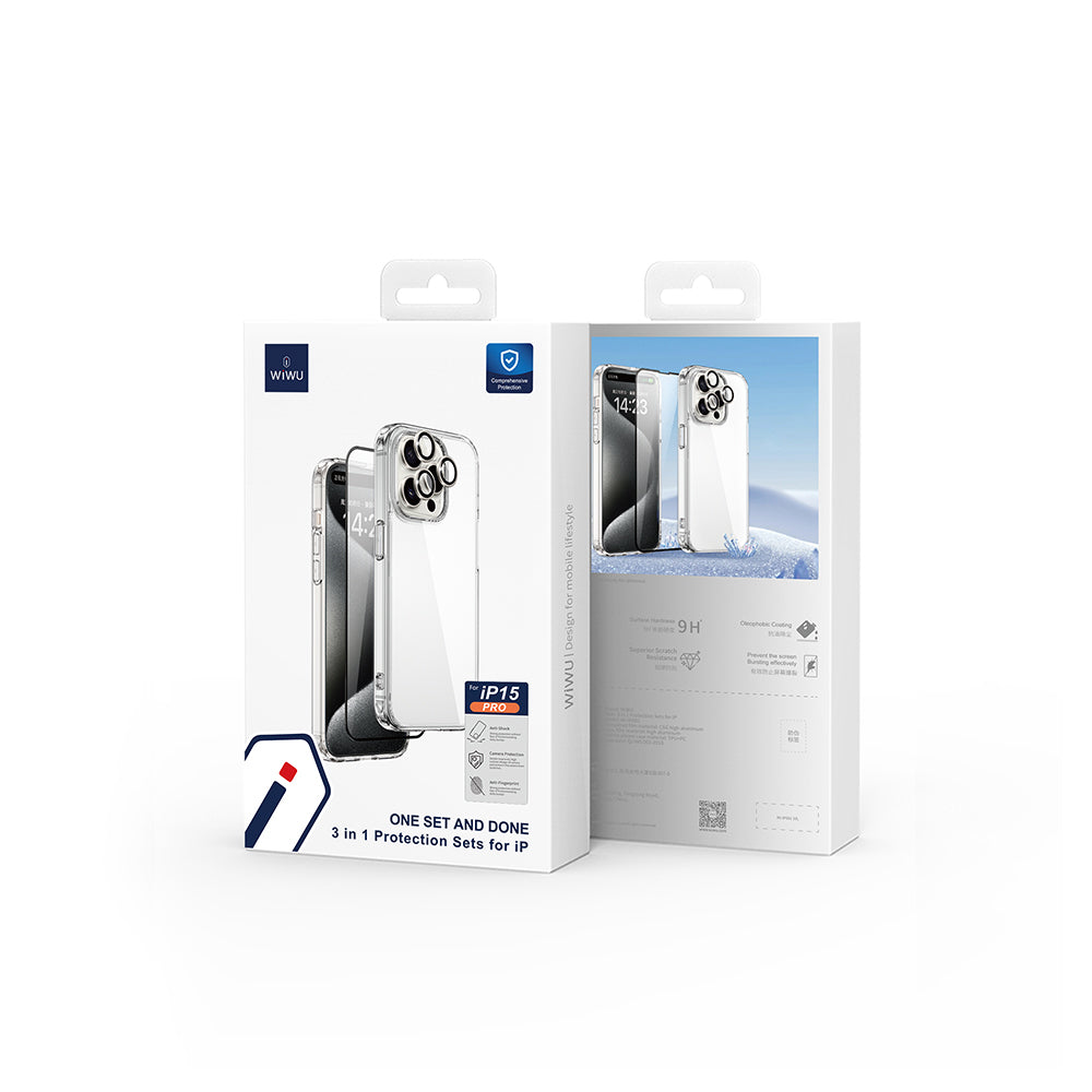 Apple iPhone 15 Pro Wiwu Wi-IP001 Kılıf Ekran Koruyucu Kamera Lensi 3in1 Koruma Seti