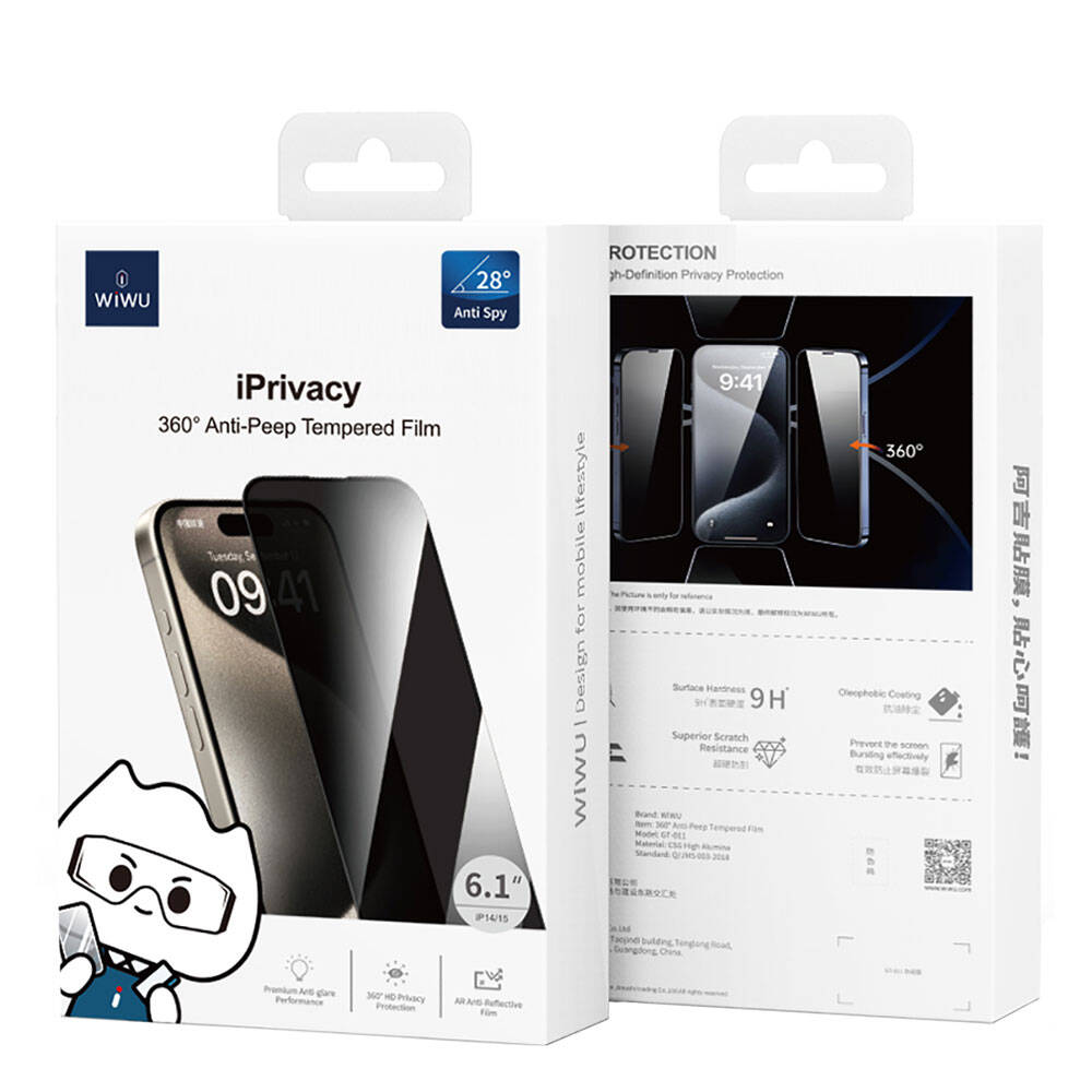 iPhone 15 Wiwu GT-011 Anti-Bakteriyel Özellikli Polimer Oleofobik Kaplama Temperli Privacy Cam Ekran Koruyucu Siyah