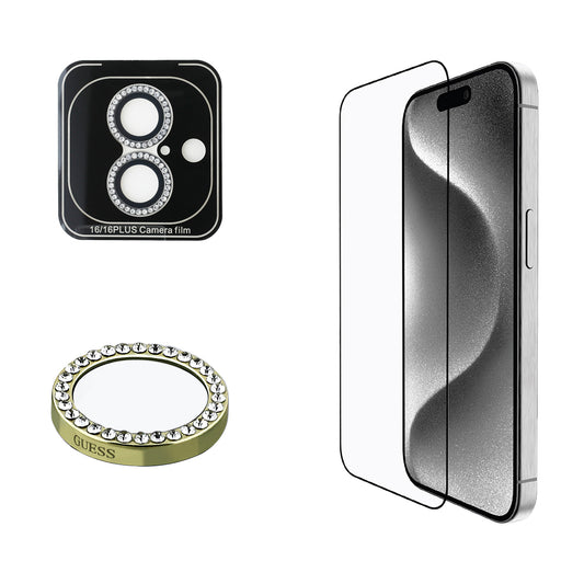Apple iPhone 16 Guess Orjinal Lisanslı Rhinestone Ekran Koruyucu + Lens Koruyucu 2in1 Aksesuar Seti