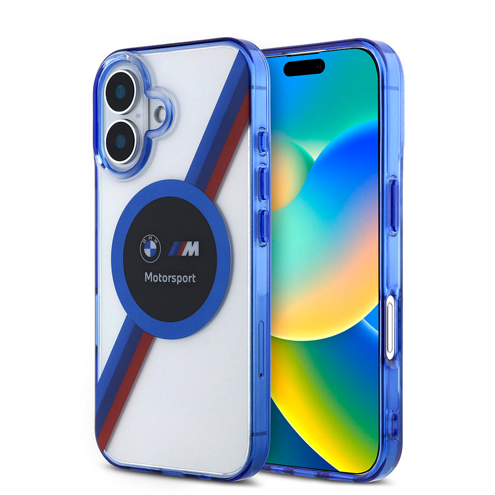 iPhone 16 Kılıf BMW Orjinal Lisanslı Magsafe Şarj Özellikli M Logolu Üç Renk Çizgili Motorsport Circle Kılıf Şeffaf