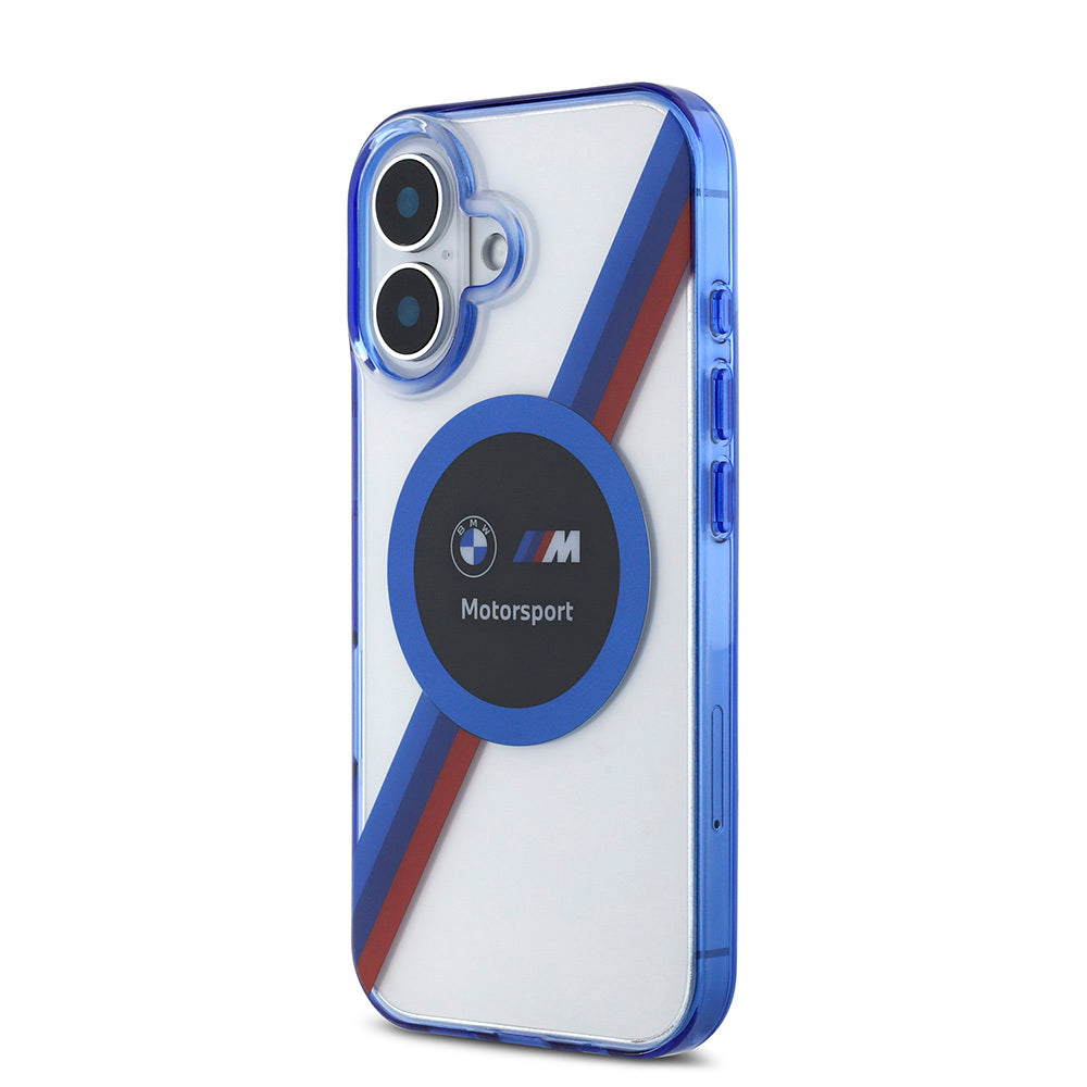 iPhone 16 Kılıf BMW Orjinal Lisanslı Magsafe Şarj Özellikli M Logolu Üç Renk Çizgili Motorsport Circle Kılıf Şeffaf
