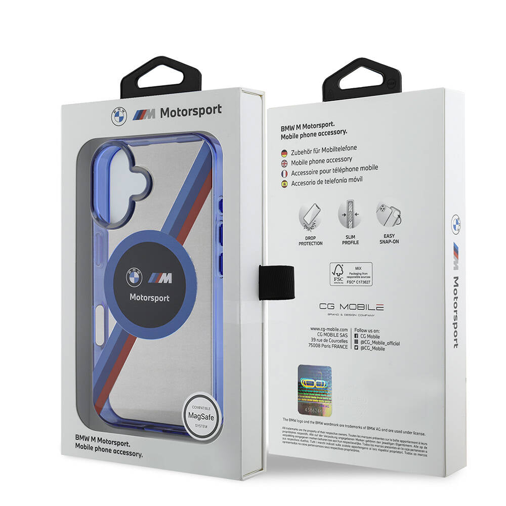 iPhone 16 Kılıf BMW Orjinal Lisanslı M Logolu Üç Renk Çizgili Motorsport Circle Kılıf Siyah