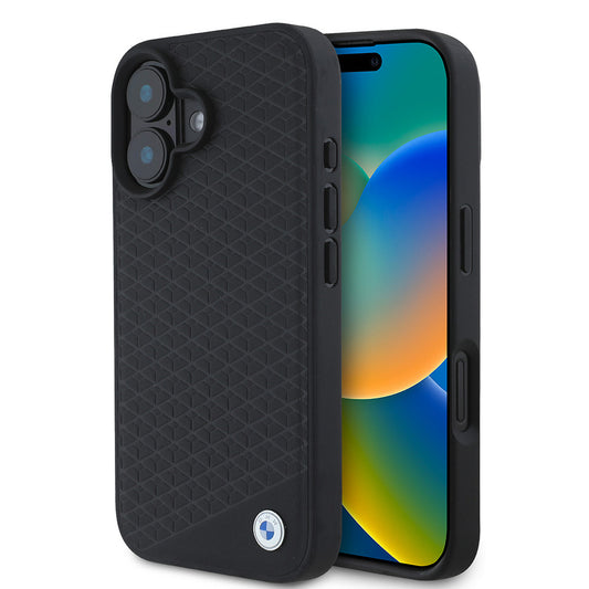 Apple iPhone 16 Kılıf BMW Orjinal Lisanslı M-safe Şarj Özellikli Metal Logolu Dokulu Diamond Deri Kapak