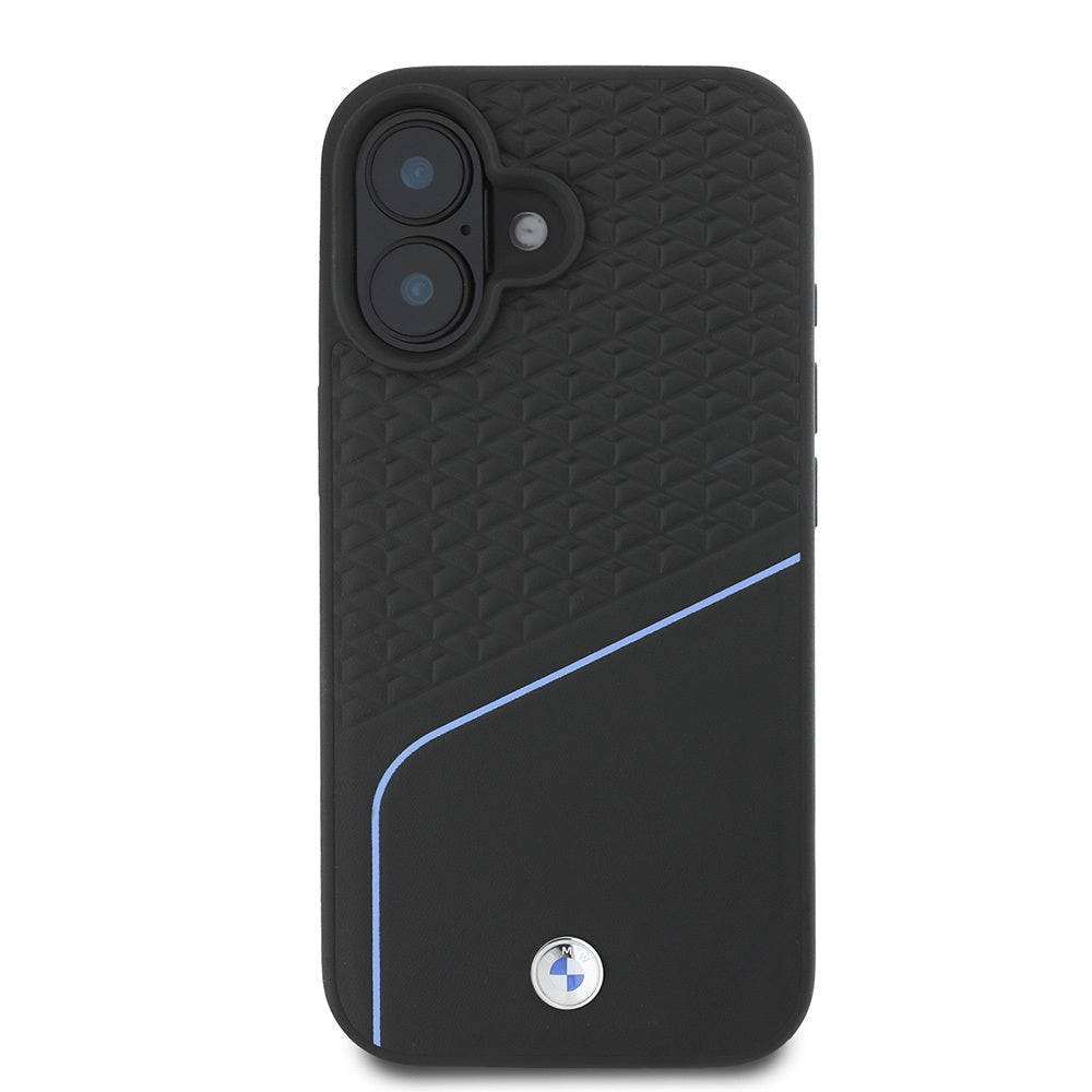 iPhone 16 Kılıf BMW Orjinal Lisanslı Magsafe Şarj Özellikli Metal Logolu Dokulu ve Çizgili Deri Kılıf Siyah