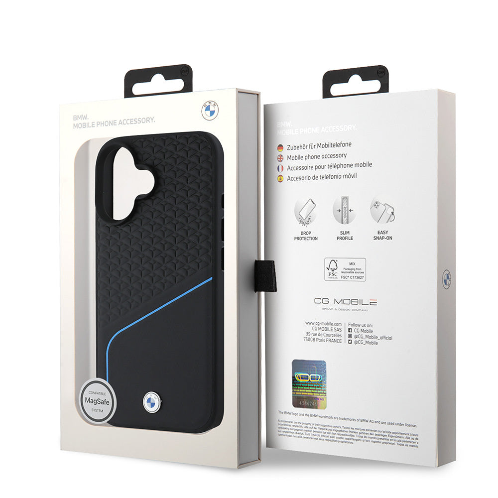 iPhone 16 Kılıf BMW Orjinal Lisanslı Magsafe Şarj Özellikli Metal Logolu Dokulu ve Çizgili Deri Kılıf Siyah