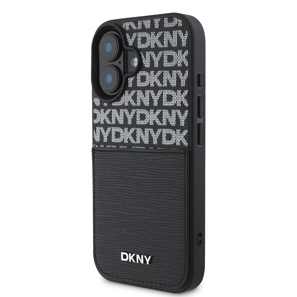 iPhone 16 Kılıf DKNY Orjinal Lisanslı Kartlıklı 3D Yazılı Repeat Texture Pattern Kılıf Siyah