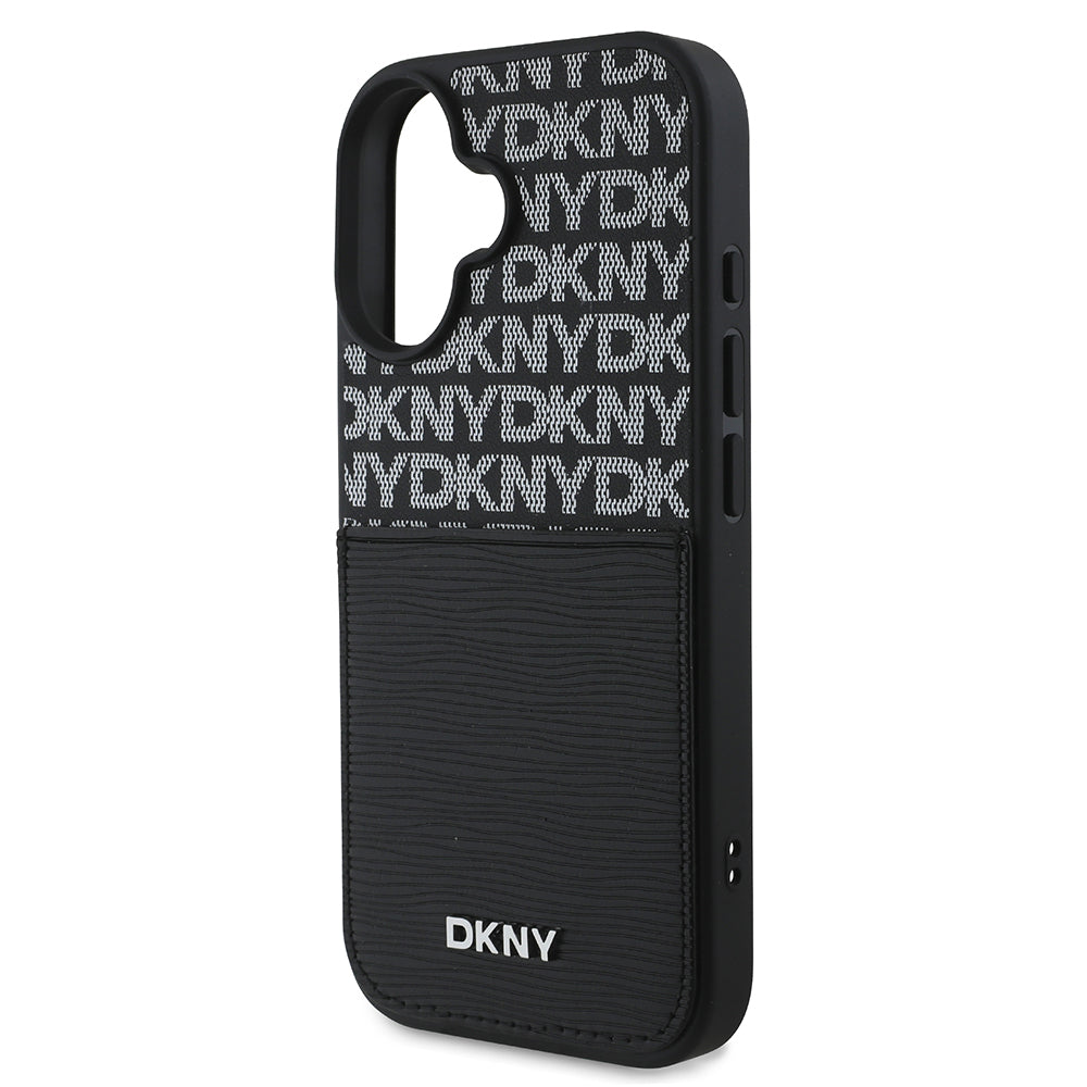iPhone 16 Kılıf DKNY Orjinal Lisanslı Kartlıklı 3D Yazılı Repeat Texture Pattern Kılıf Siyah